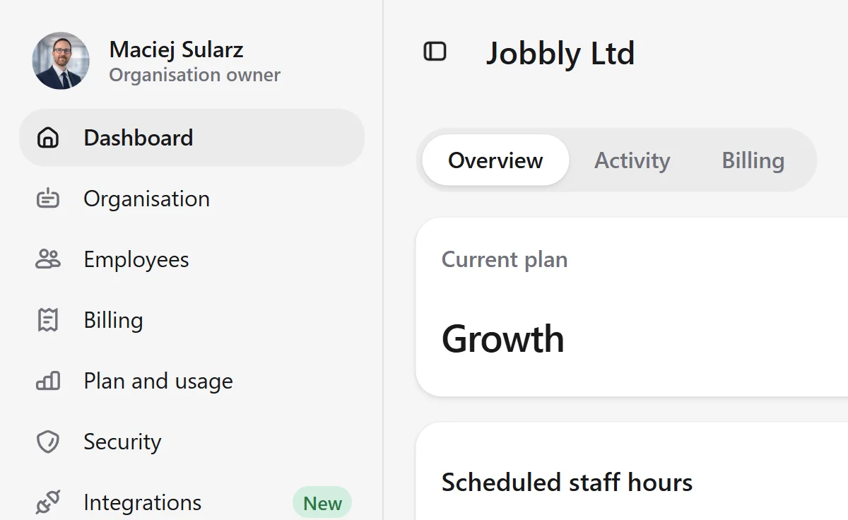Jobbly Account app dashboard in English light mode showing an organisation overview with employee usage, department usage, scheduled staff hours, worked hours analytics, employee records, and account-level workforce management insights.