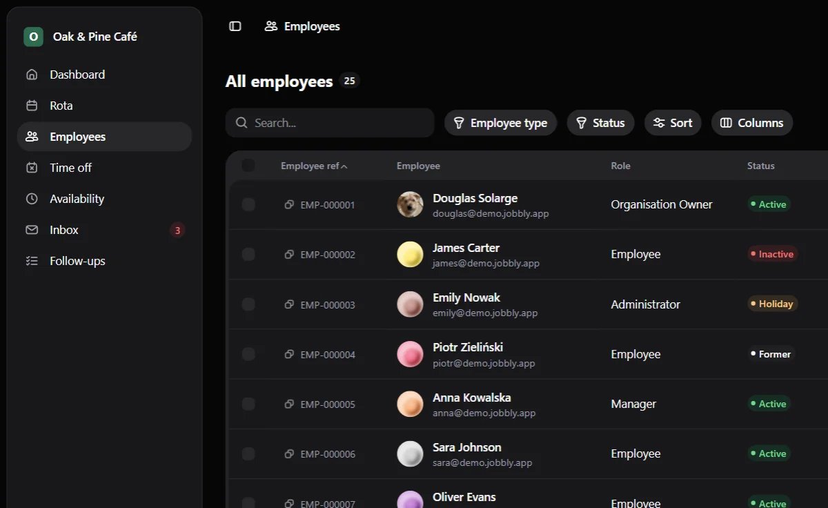 Jobbly Tenant app employee directory in English dark mode showing a dedicated organisation workspace for workforce management with searchable employee records, staff reference numbers, roles, employment status, department assignments, filters, sorting, column controls, and pagination.