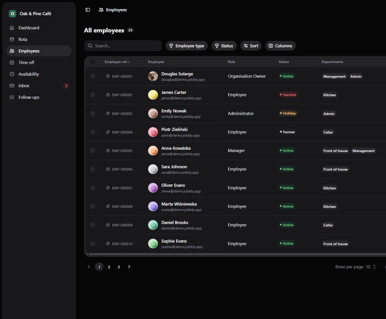 Jobbly Tenant app employee directory in English dark mode showing a dedicated organisation workspace for workforce management with searchable employee records, staff reference numbers, roles, employment status, department assignments, filters, sorting, column controls, and pagination.