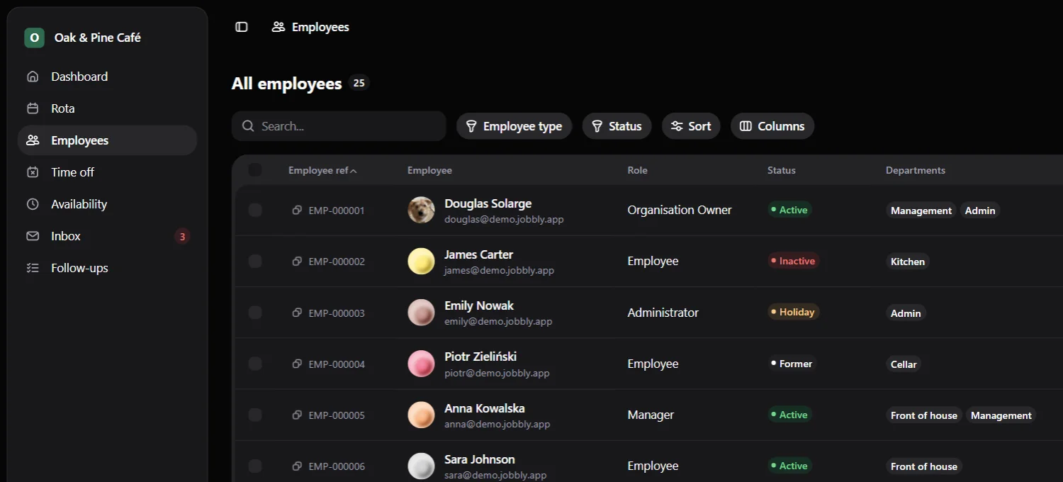 Jobbly Tenant app employee directory in English dark mode showing a dedicated organisation workspace for workforce management with searchable employee records, staff reference numbers, roles, employment status, department assignments, filters, sorting, column controls, and pagination.
