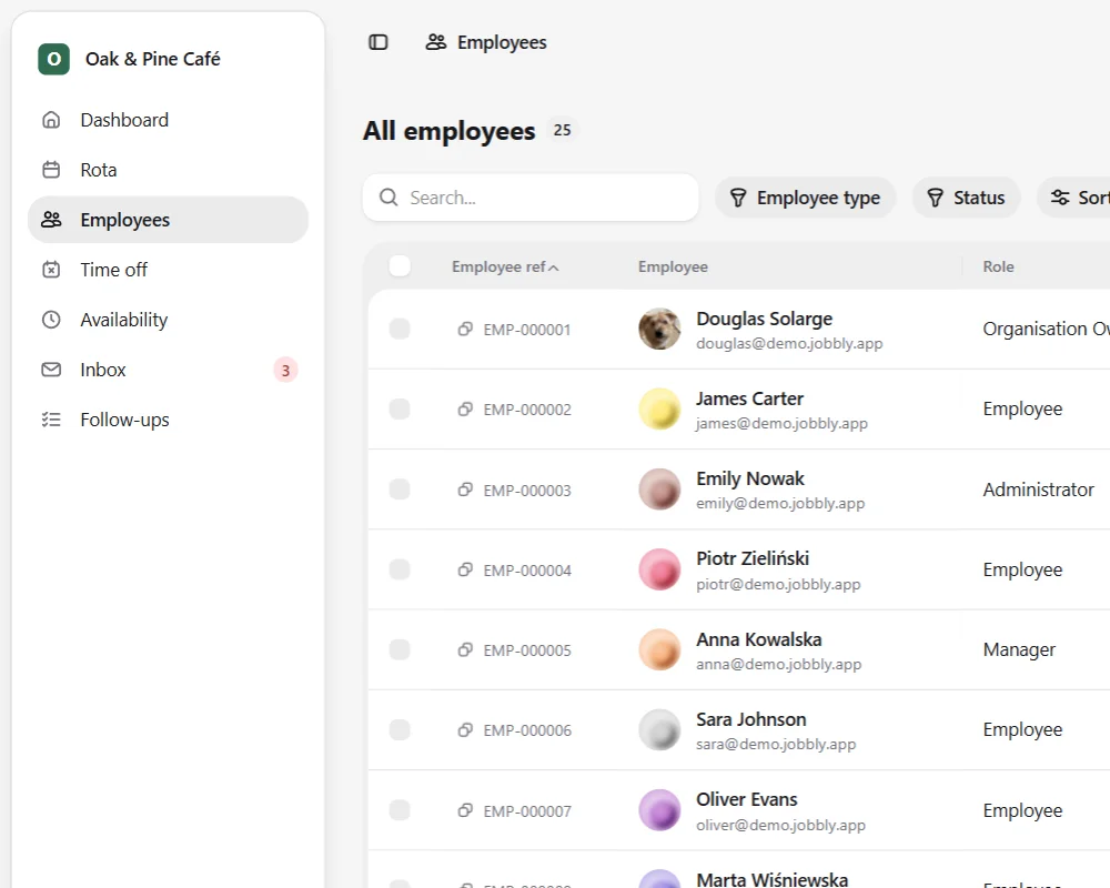 Jobbly employee overview showing searchable employee records, roles, departments, staff details, and workforce organisation tools.
