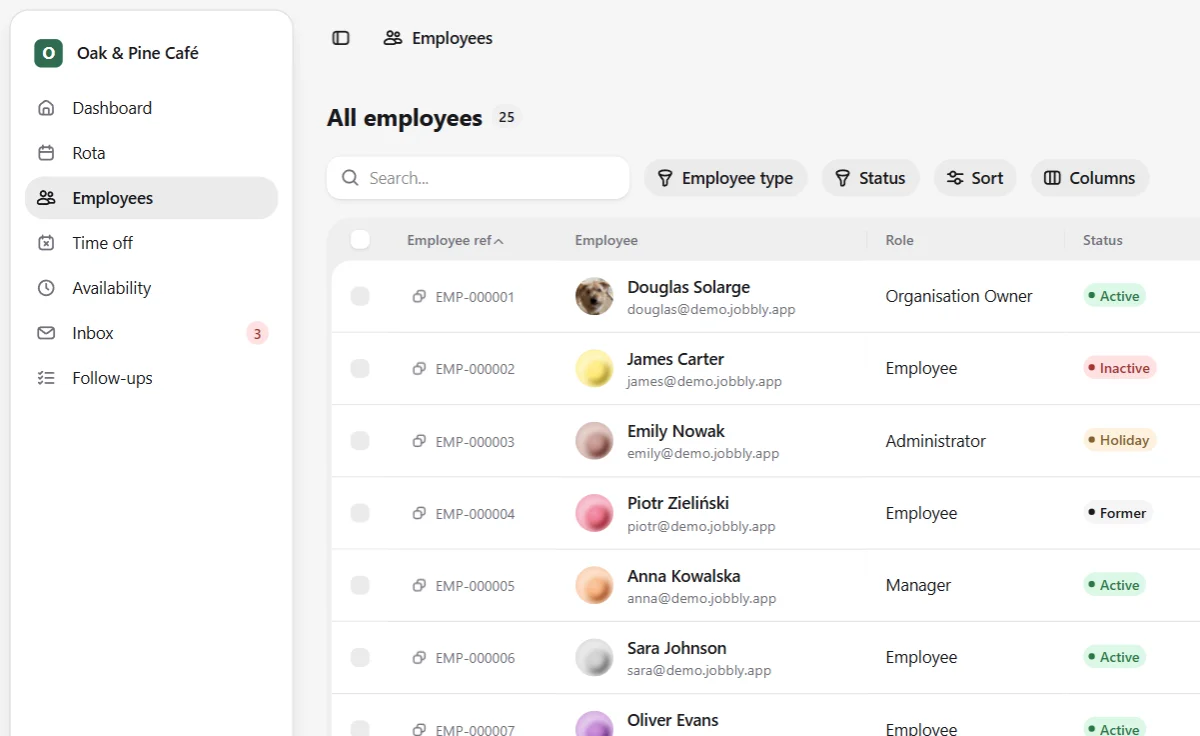 Jobbly Tenant app employee directory in English light mode showing a dedicated organisation workspace for workforce management with searchable employee records, staff reference numbers, roles, employment status, department assignments, filters, sorting, column controls, and pagination.