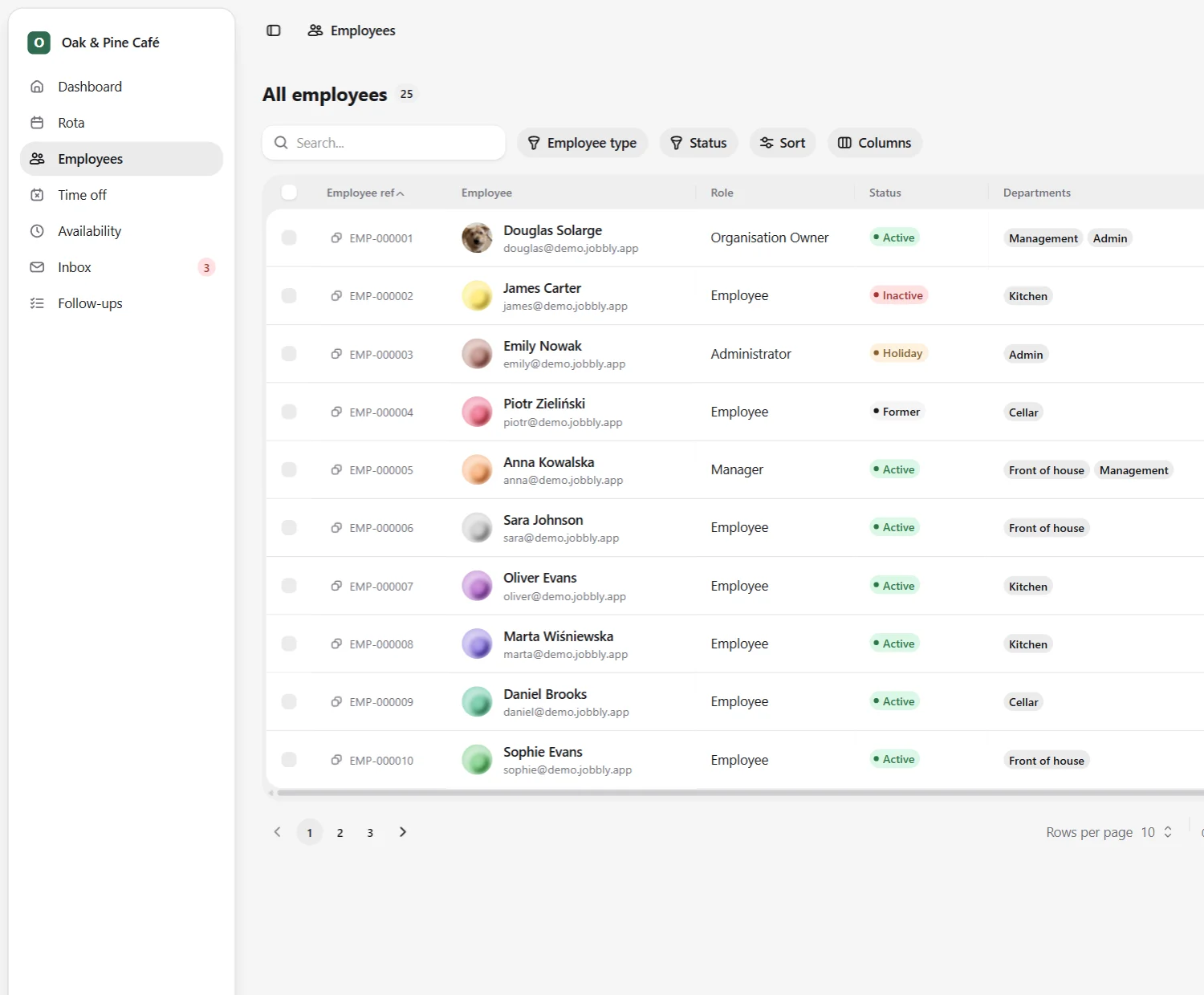 Jobbly Tenant app employee directory in English light mode showing a dedicated organisation workspace for workforce management with searchable employee records, staff reference numbers, roles, employment status, department assignments, filters, sorting, column controls, and pagination.