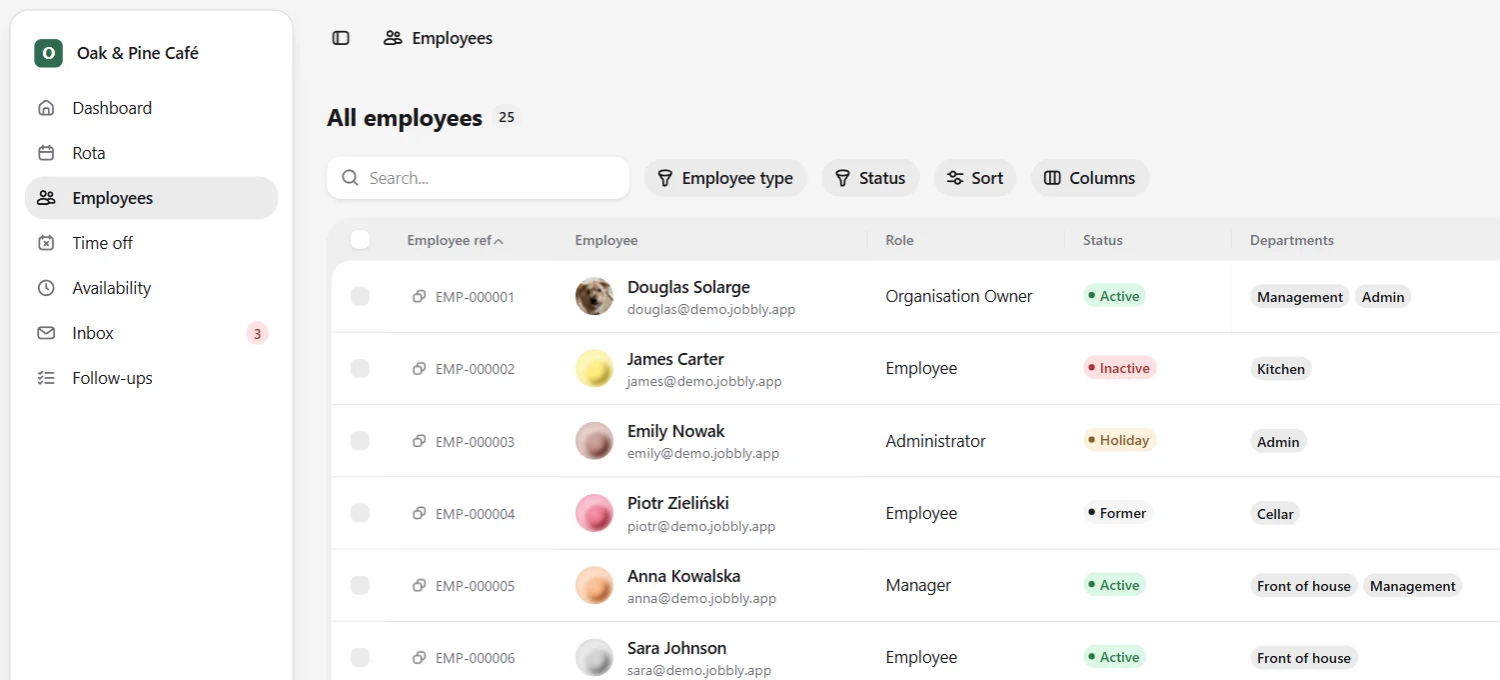 Jobbly Tenant app employee directory in English light mode showing a dedicated organisation workspace for workforce management with searchable employee records, staff reference numbers, roles, employment status, department assignments, filters, sorting, column controls, and pagination.