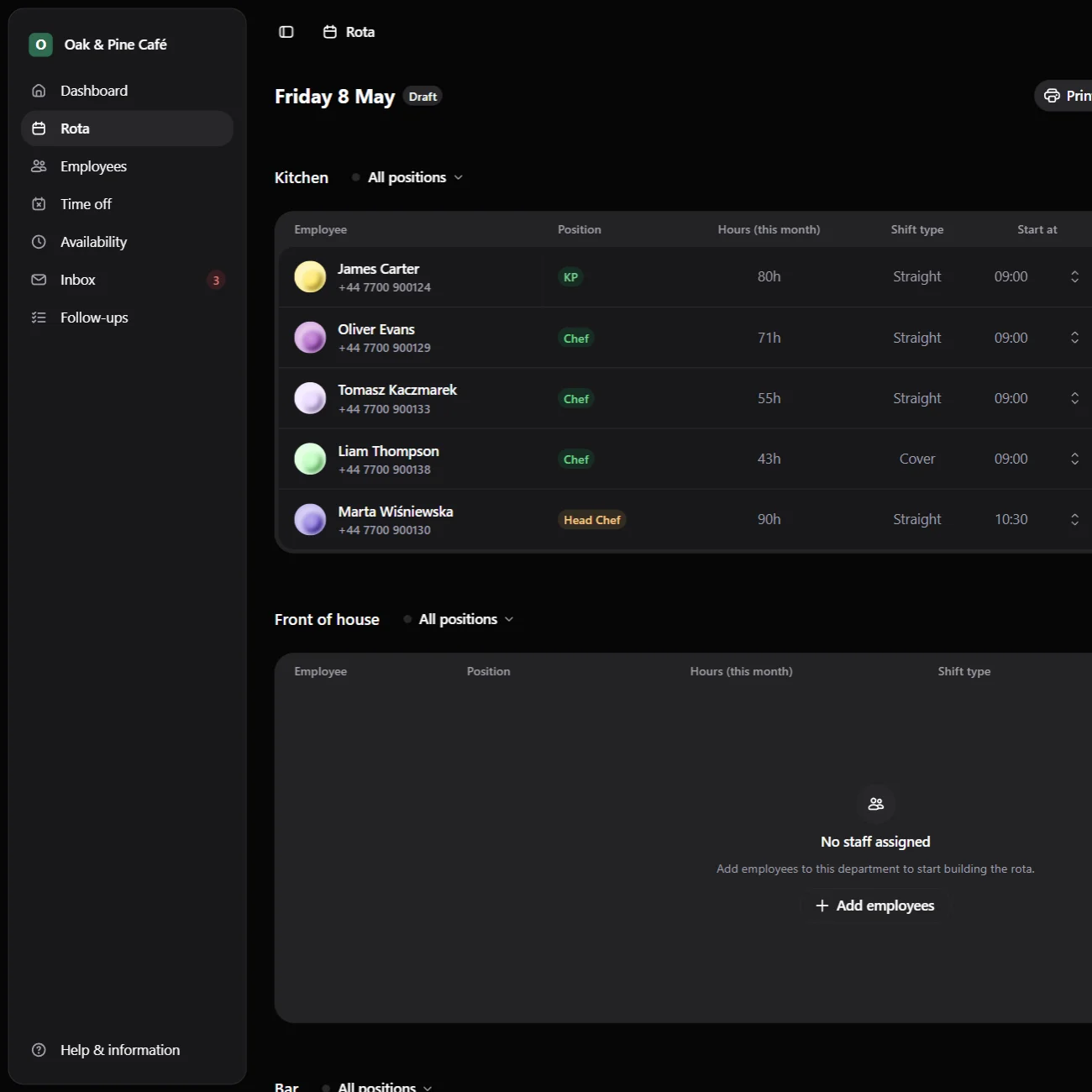 Jobbly rota scheduling view showing staff shifts, availability, department planning, and workforce scheduling tools.