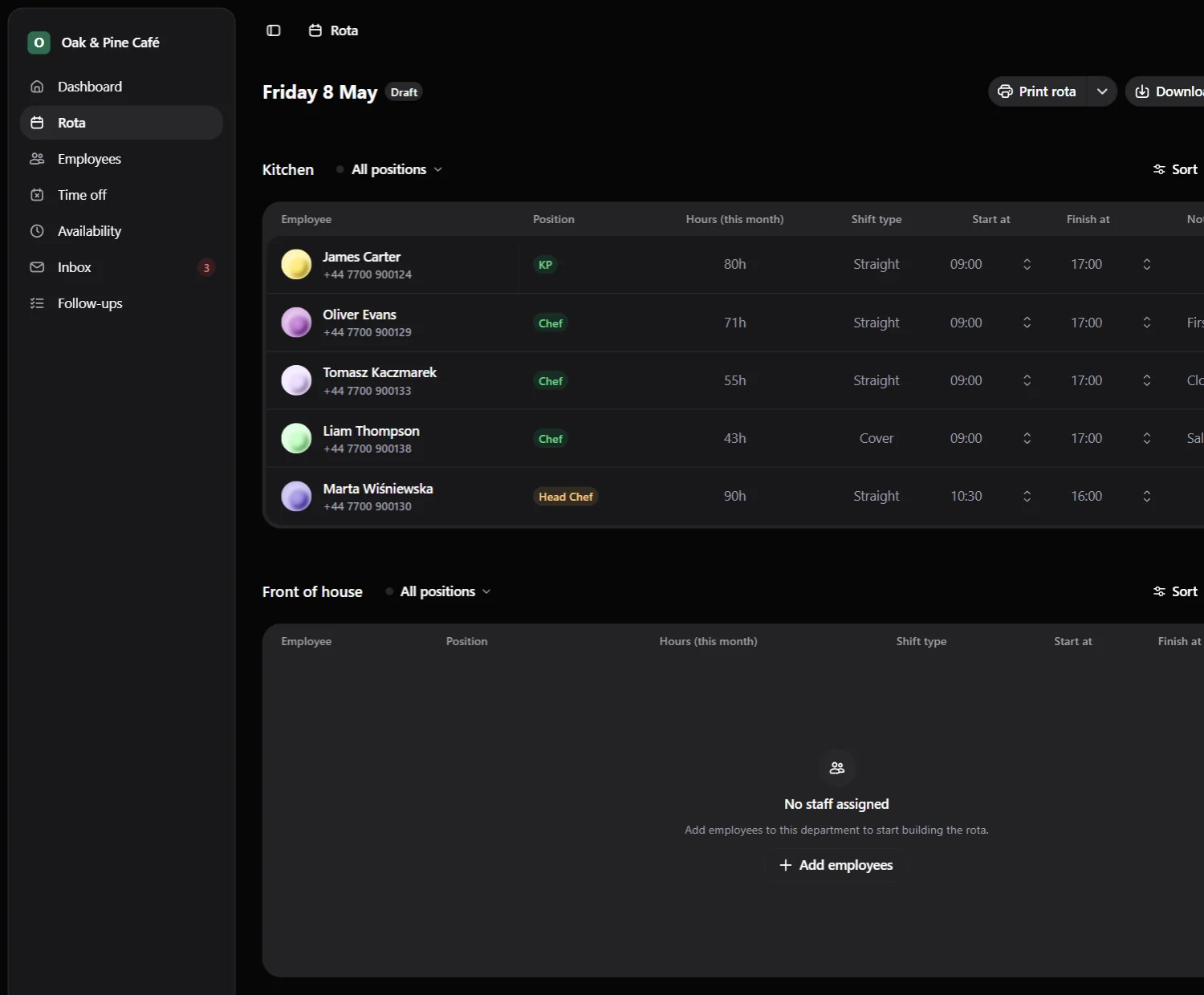 Jobbly Tenant app daily rota builder in English dark mode showing a dedicated organisation workspace with department-based rota sections, assigned employees, positions, monthly hours, shift types, start and finish times, notes, draft status, and print, download, and publish actions.