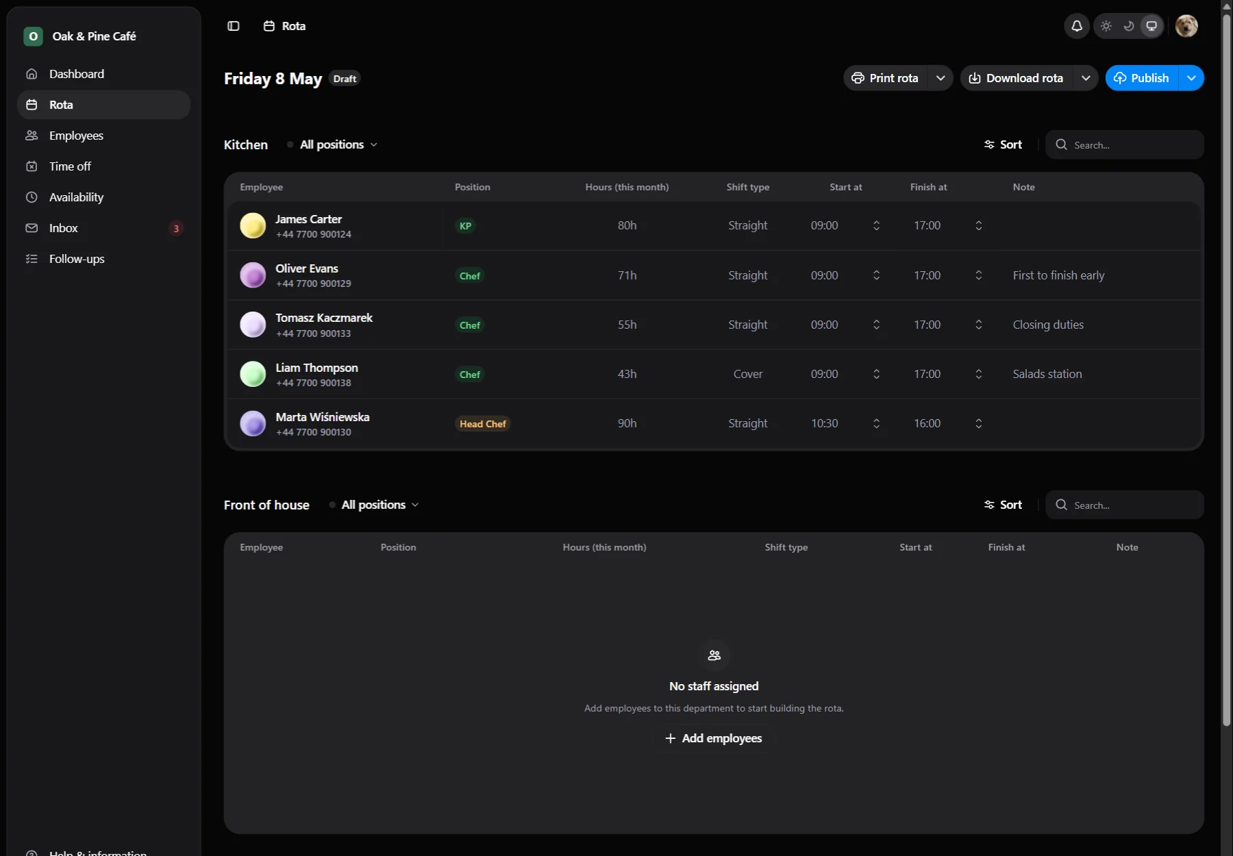 Jobbly rota scheduling view showing staff shifts, availability, department planning, and workforce scheduling tools.