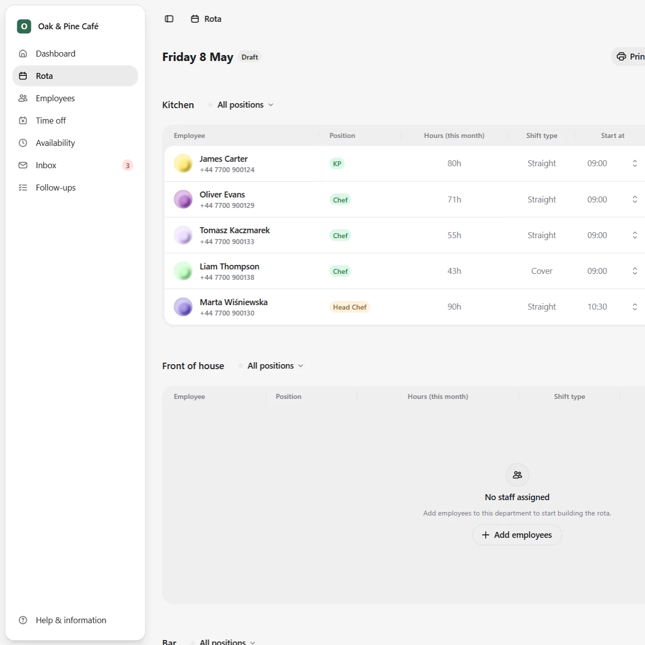 Jobbly rota scheduling view showing staff shifts, availability, department planning, and workforce scheduling tools.