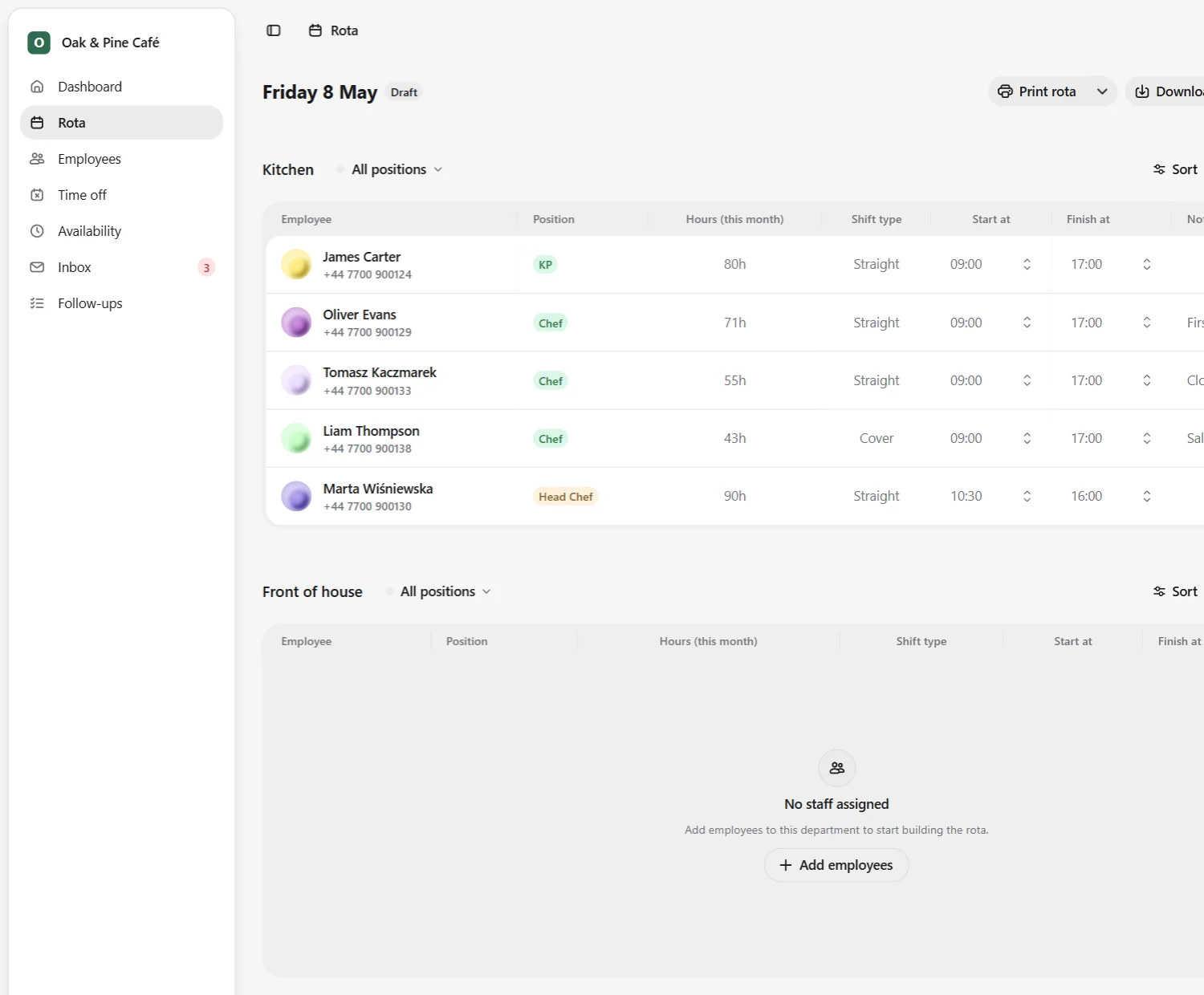Jobbly Tenant app daily rota builder in English light mode showing a dedicated organisation workspace with department-based rota sections, assigned employees, positions, monthly hours, shift types, start and finish times, notes, draft status, and print, download, and publish actions.