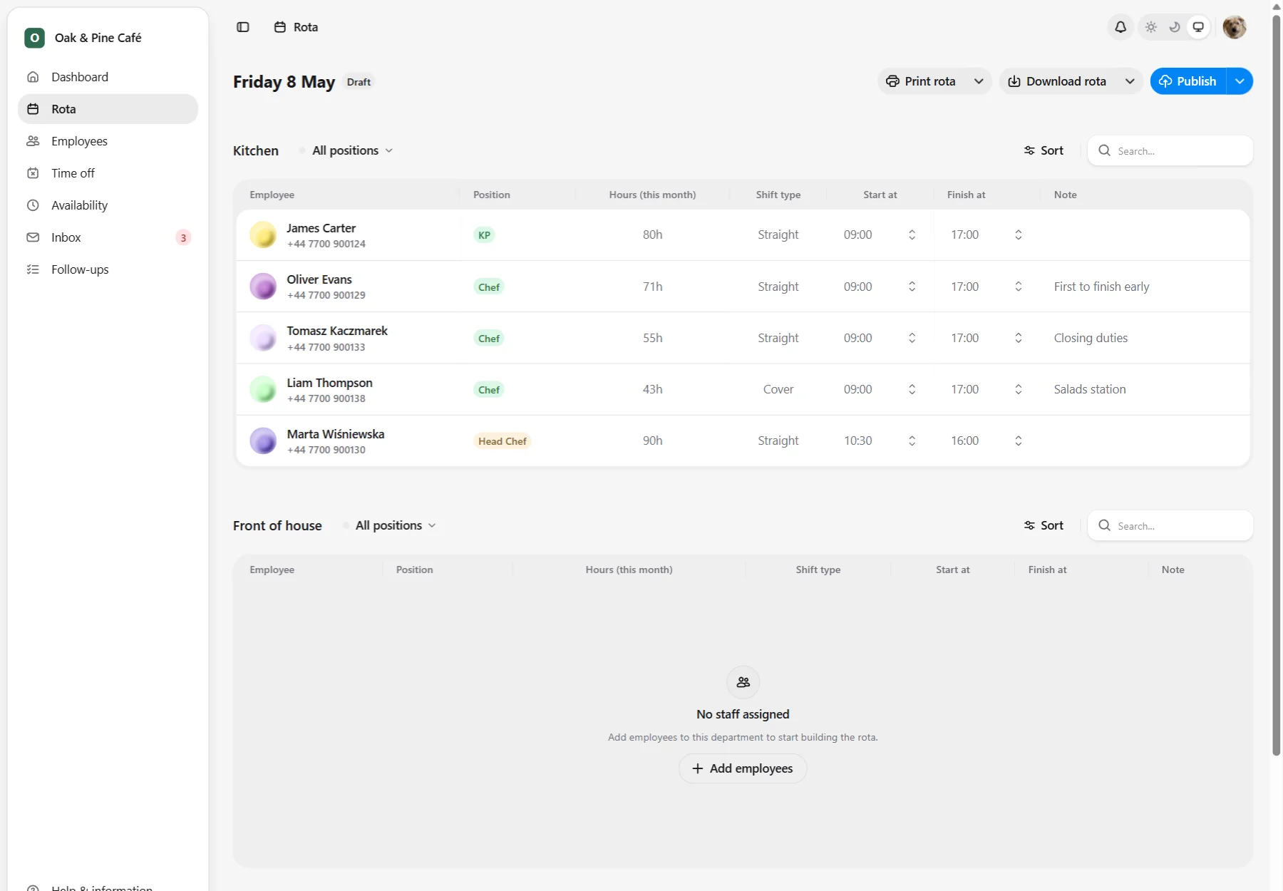 Jobbly rota scheduling view showing staff shifts, availability, department planning, and workforce scheduling tools.